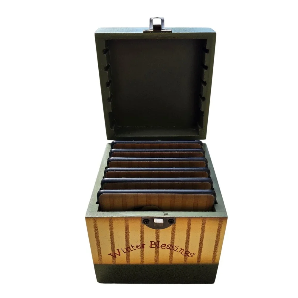 Snowman Coaster Set In Wood Box - Set Of 6 Coasters Wooden Plus Box